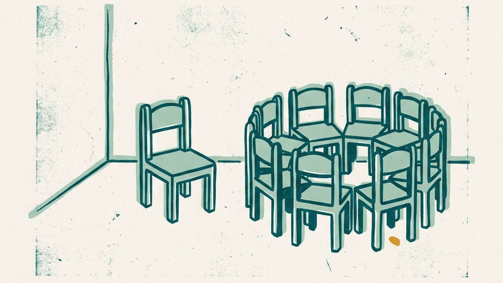 Ein einzelner Kinderstuhl in einer leeren Ecke, daneben ein dichter Kreis vieler Stühle