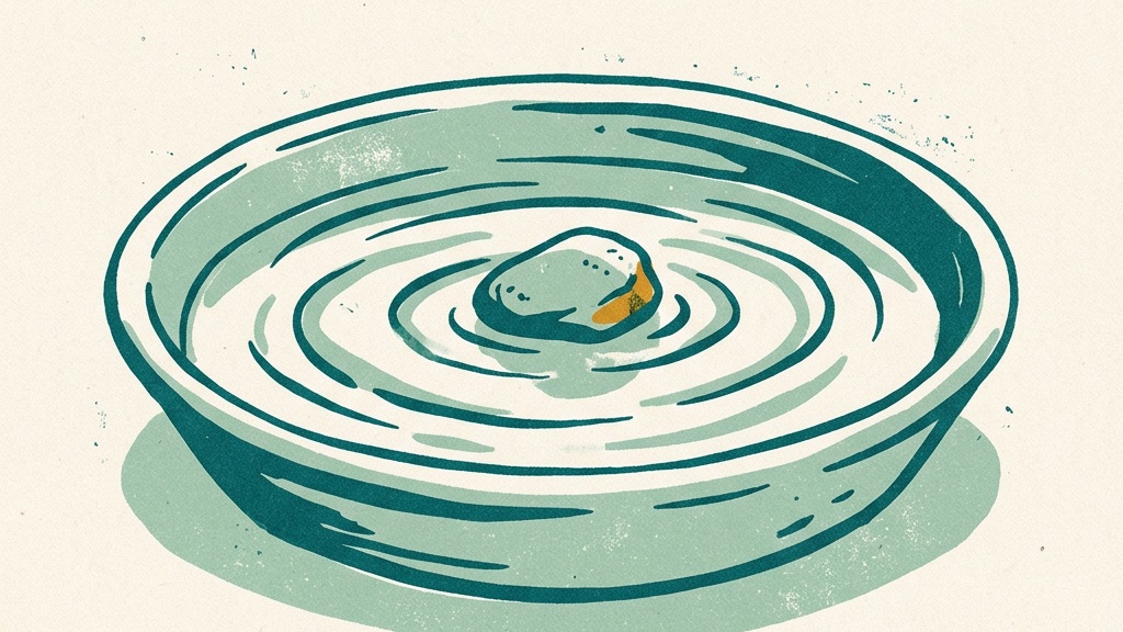 Ein kleiner Kiesel in einer flachen Wasserschale, die Ringe laufen bis zum Rand
